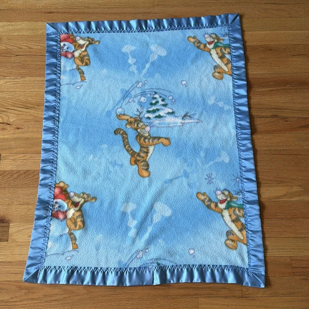 Disney Baby Blue Tigger Baby Blanket Satin Silky Edge Lovey Crown Crafts